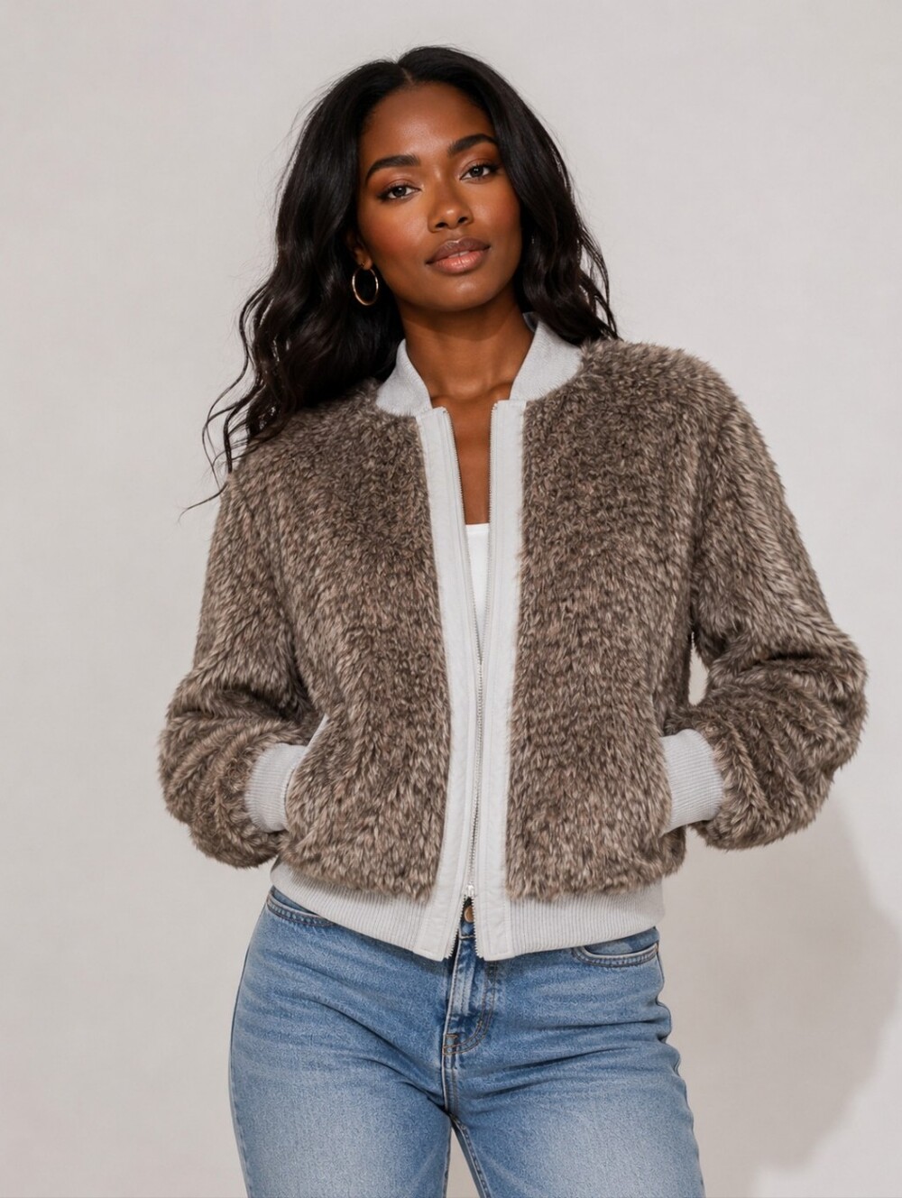 Vertigo Paris faux fur bomber jacket in brown and grey.
